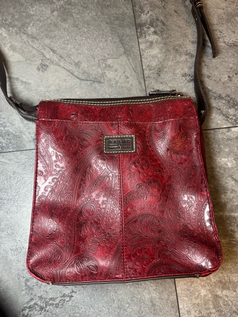Bueno Red Embossed Leather Crossbody with Paisley Detail